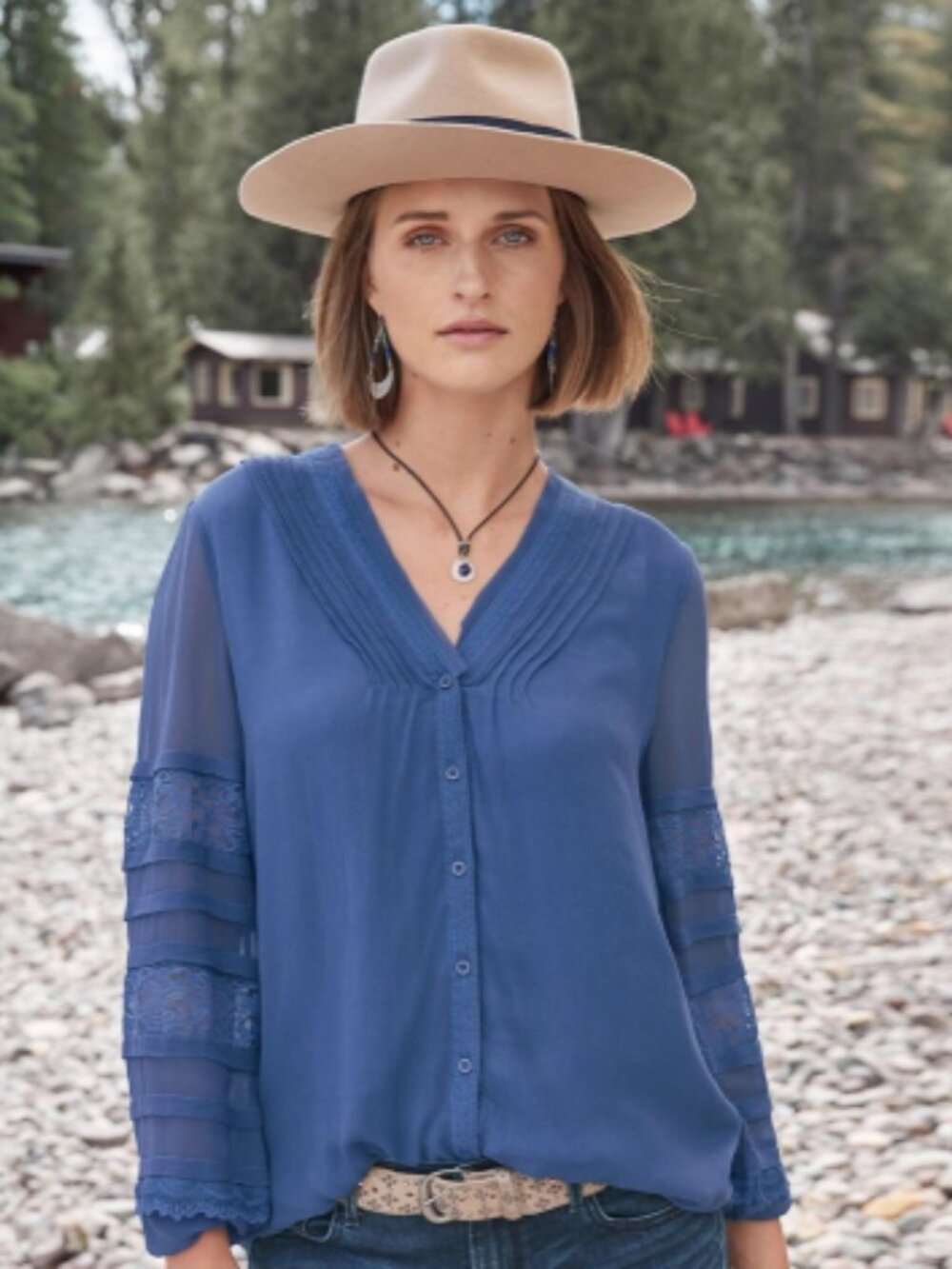 Sundance rustic blue silk chiffon blouse with lace trim